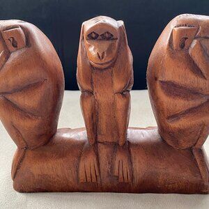 Vintage Wooden Three Wise Monkeys Figurine Statuette Bookend